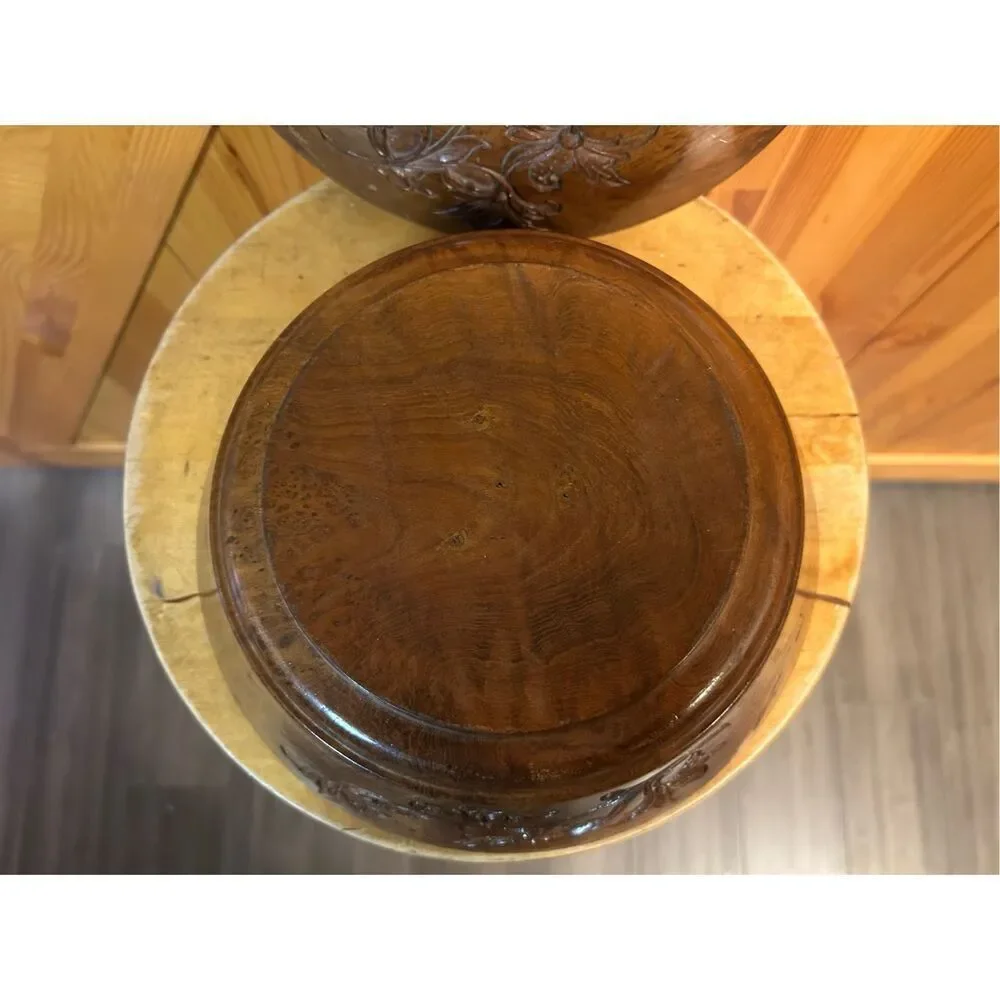 Vintage wood carved bowl with lid floral (7701)